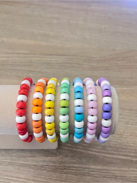 Handmade Jewelry - Rainbow Kandi Beaded Bracelet Set – 7 Piece Stretch Stack Y2K Rave Pastel